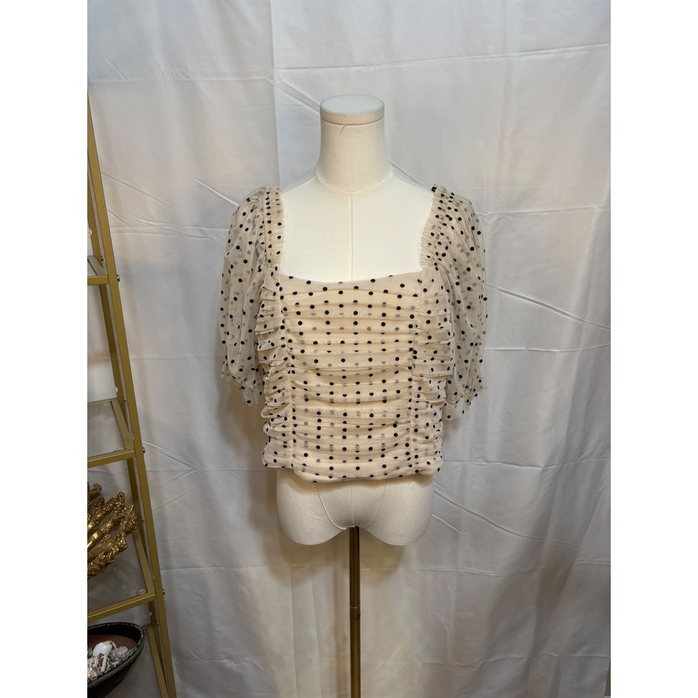 HM Polka Dot Mesh Ruched Puff Sleeve Top Beige Black Square Neck Blouse US 14